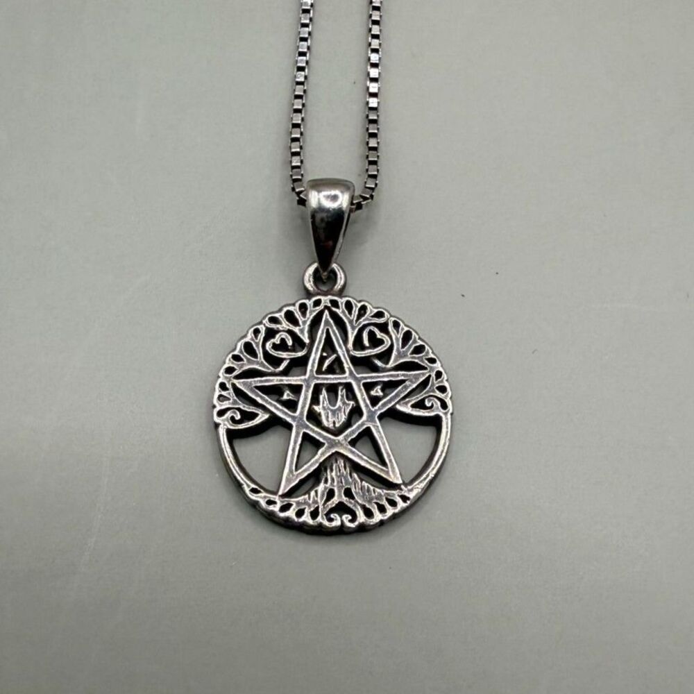 Vintage 925 Sterling Silver Pentacle Tree Necklace Wicca Pagan Pendant 18" Chain